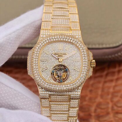 AAA Replica Patek Philippe Nautilus Jumbo Tourbillon 5711 R8 Factory Yellow Gold Diamond Mens Watch