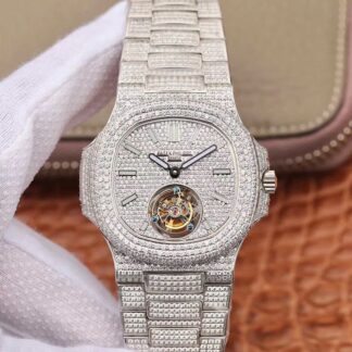 AAA Replica Patek Philippe Nautilus Jumbo Tourbillon 5711 R8 Factory White Gold Diamond Mens Watch