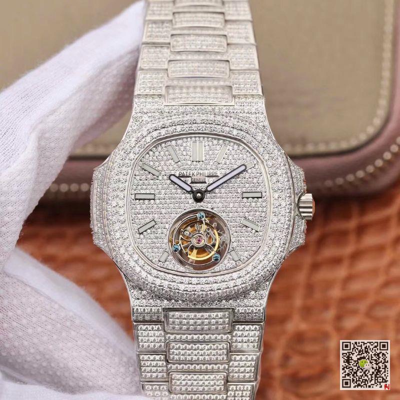 AAA R8 Factory Replica Patek Philippe Nautilus Jumbo Tourbillon 5711 White Gold Diamond Mens Watch