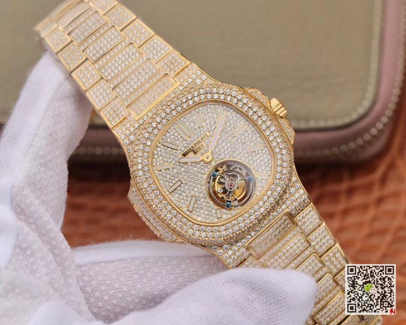 AAA R8 Factory Replica Patek Philippe Nautilus Jumbo Tourbillon 5711 Yellow Gold Diamond Mens Watch