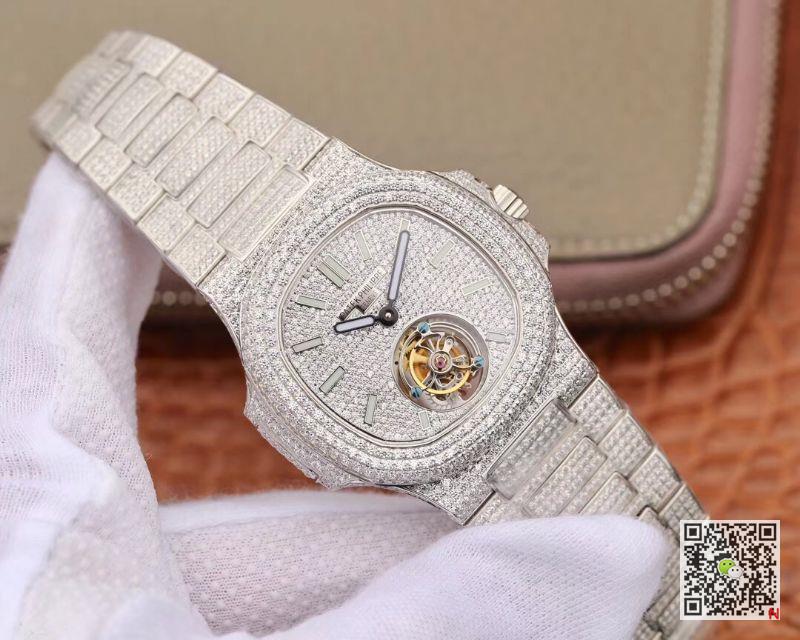 AAA R8 Factory Replica Patek Philippe Nautilus Jumbo Tourbillon 5711 White Gold Diamond Mens Watch