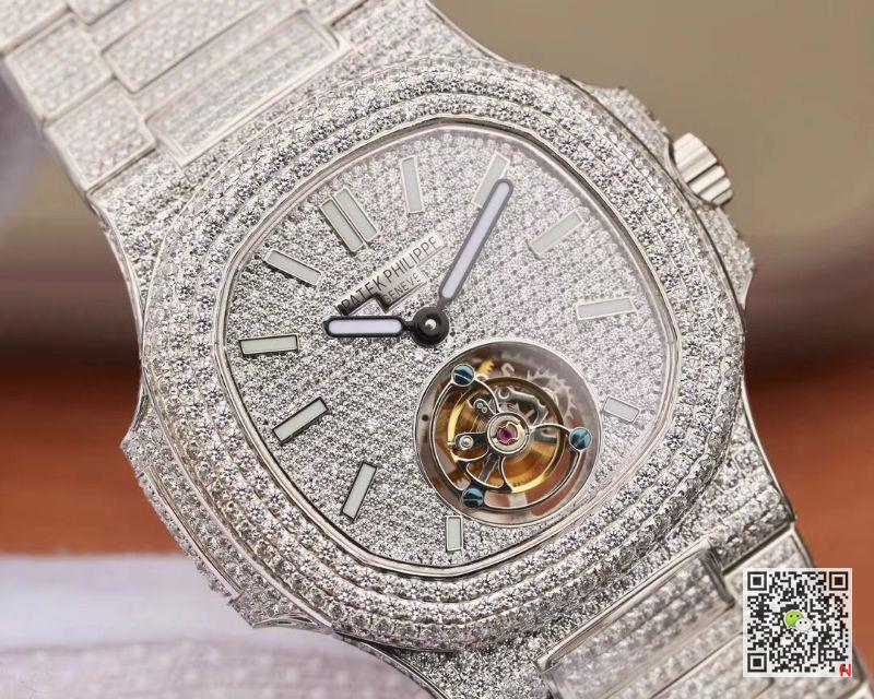 AAA R8 Factory Replica Patek Philippe Nautilus Jumbo Tourbillon 5711 White Gold Diamond Mens Watch