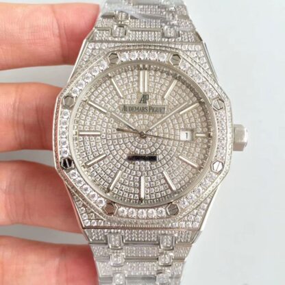 AAA Replica Audemars Piguet Royal Oak 15400.OR Full Diamond White Dial Mens Watch