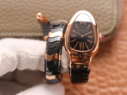 AAA Replica Bvlgari Serpenti BV Factory Rose Gold Black Strap Ladies Watch