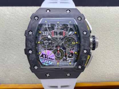 AAA Replica Richard Mille RM011-03 KV Factory Black Carbon Fiber Case White Strap Mens Watch