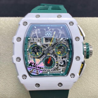 AAA Replica Richard Mille RM011-03 KV Factory White Ceramic Case Green Strap Mens Watch