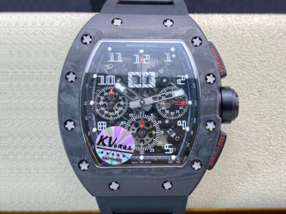 AAA Replica Richard Mille RM011 KV Factory Carbon Fiber Case Black Rubber Strap Mens Watch