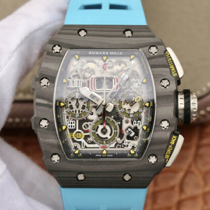 AAA Replica Richard Mille RM11-03 KV Factory Black Carbon Fiber Case Blue Strap Mens Watch