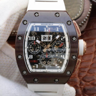 AAA Replica Richard Mille RM011 KV Factory Brown Ceramic Case White Strap Mens Watch