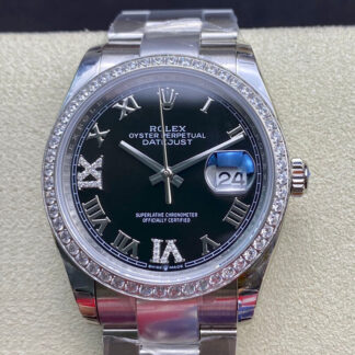 AAA Replica Rolex Datejust 36MM EW Factory Diamond Black Dial Mens Watch