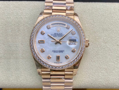 AAA Replica Rolex Day Date 128238 EW Factory V2 Diamond-set Bezel Ladies Watch